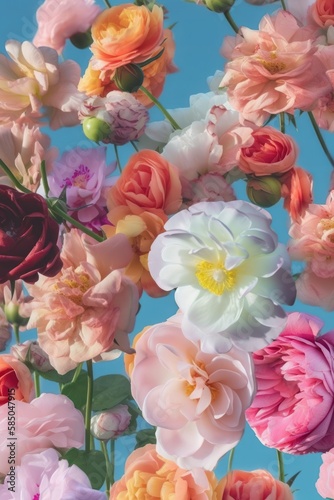 Spring background, flat lay concept of fresh Spring flowers vivid colors on a pastel blue background. Field flowers, roses and leaves. Generative AI.