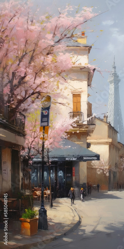 oil painting illustration, paris in the beautiful spring, cherry blossom trees. Ai Generative