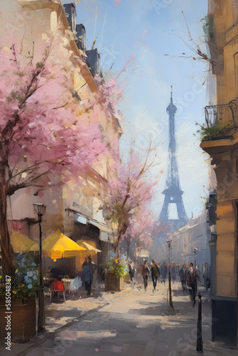 oil painting illustration, paris in the beautiful spring,  cherry blossom trees. Ai Generative