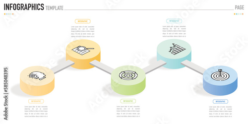 Isometric infographic template or element with 5 step, process, option, colorful 3D circle connected layer, circular, column, stair, ladder, icons, for sale slide, minimal simple modern style, origami