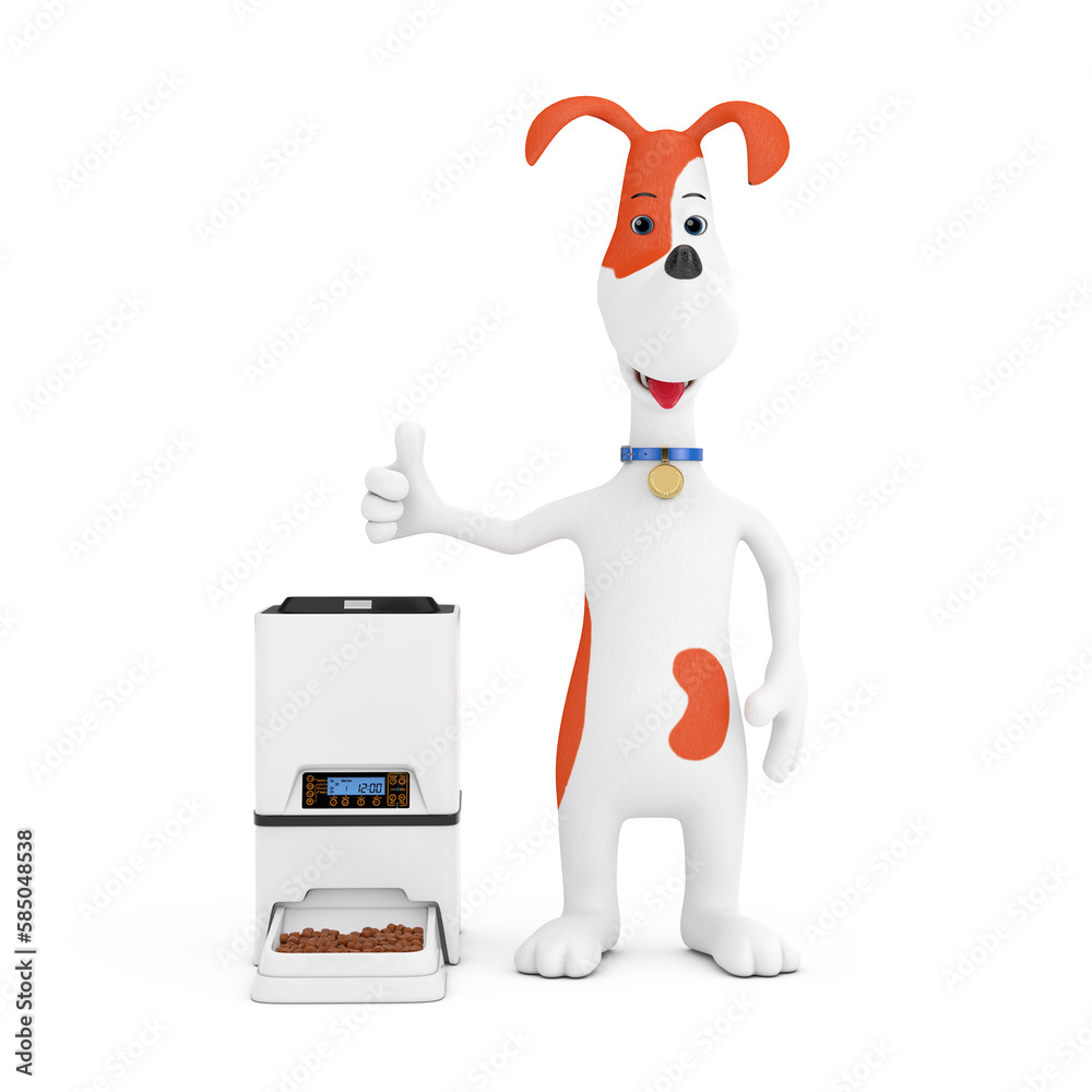 Cartoon Cute Dog with Automatic Electronic Digital Pet Dry Food Storage Meal Feeder Dispenser. 3d Rendering Cartoon Cute Dog with Automatic Electronic Digital Pet Dry Food Storage Meal Feeder Dispenser. 3d Rendering
