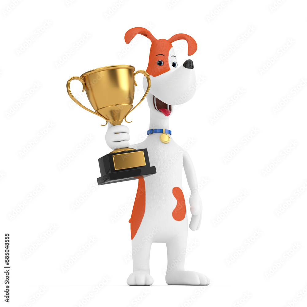 Cartoon Cute Dog Holding Golden Award Trophy. 3d Rendering Cartoon Cute Dog Holding Golden Award Trophy. 3d Rendering