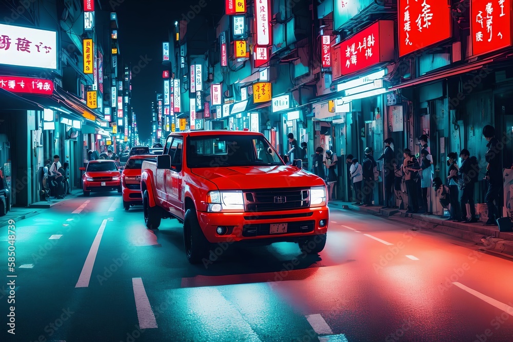 pick up truck at japan street car night, generative art by A.I.