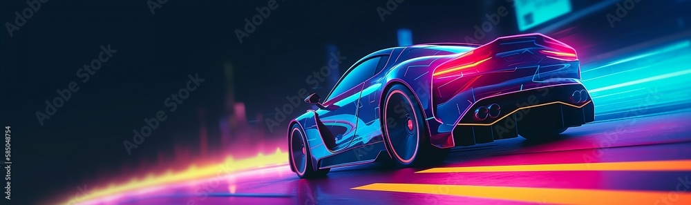 Speeding sports car on neon Highway. Powerful acceleration of a super car on a night track with colorful lights and trails. Copy Space. Generative AI