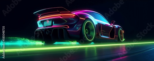 Speeding sports car on neon Highway. Powerful acceleration of a super car on a night track with colorful lights and trails. Generative AI