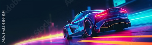 Speeding sports car on neon Highway. Powerful acceleration of a super car on a night track with colorful lights and trails. Copy Space. Generative AI
