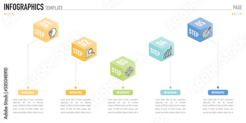 Isometric mind map infographic template or element as a vector, 5 step, process, option, colorful 3D cube, box, square, rectangle, stair, origami, icons for sale slide, minimal modern simple style