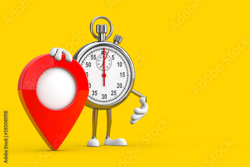 Modern Stopwatch Cartoon Person Character Mascot with Red Target Map Pointer Pin. 3d Rendering