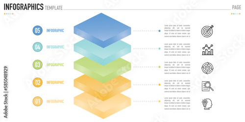 Isometric 3D rectangle, cube, box layer infographic template or element with 5 step, process, option, colorful ladder, icons on white background, origami, minimal simple modern style for sale slide