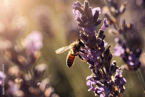 close up view of a bee flying over a bunch of lavender flowers in a field of lavenders in the sunlight  generative AI