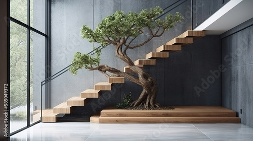 Fototapeta Naklejka Na Ścianę i Meble -  Modern, elegant L shape wood cantilever stair with black granite base staircase, tempered glass panel balustrades, tropical tree in sunlight from window on polished concrete wall, floor background 3D