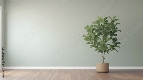 Blank sage green wall in house with green tropical tree in white modern design pot, baseboard on wooden parquet in sunlight for luxury interior design decoration, home appliance product background