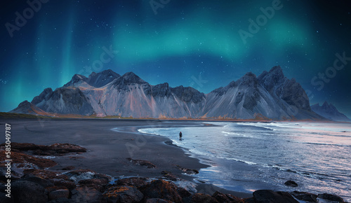 Incredible Iceland nature seascape. Iconic location for landscape photographers and bloggers. Scenic Image of Iceland. Alone tourist against Vestrahorn mountaine with Green northern lights