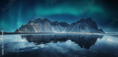 Incredible Iceland nature seascape. Iconic location for landscape photographers and bloggers. Scenic Image of Iceland. Vestrahorn mountaine on Stokksnes cape with Green northern lights and reflection