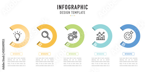 Semicircular infographic template or element as a vector with 5 step, process, option, colorful circle, icons for sale slide, minimal modern simple style on white background