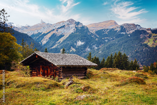Wonderful view of scenic mountain landscape in the Alps with traditional old mountain hut on highland. Amazing Nature Landscape. Awesome natural Background. Incredible colorful Scenery.