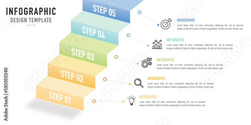 Stair or ladder infographic template or element as a vector with 5 connected step, process, option, colorful layer, icons, rectangle, for sale slide or presentation, modern, minimal, simple style