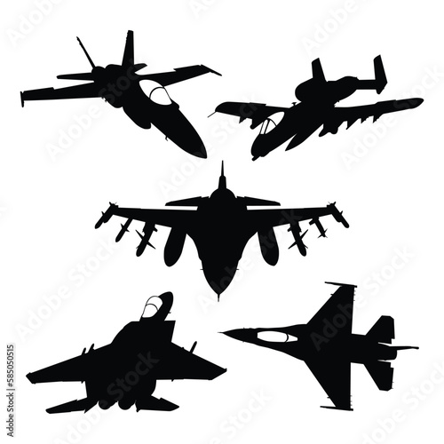Set of silhouettes of military aircraft on a white background. Vector illustration