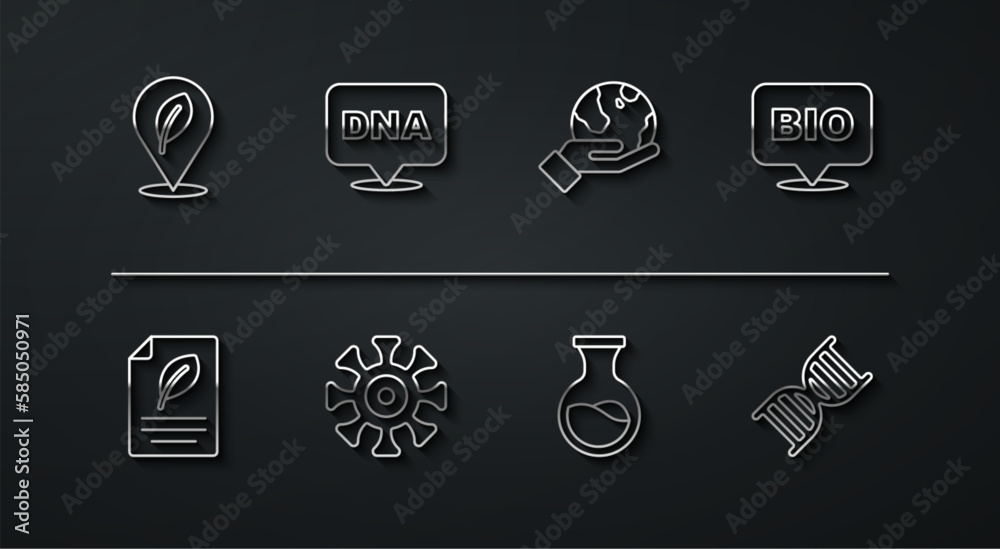 Set line Location with leaf, Eco paper, Bio healthy food, Test tube and flask, Bacteria, DNA symbol, and Hand holding Earth globe icon. Vector Set line Location with leaf, Eco paper, Bio healthy food, Test tube and flask, Bacteria, DNA symbol, and Hand holding Earth globe icon. Vector