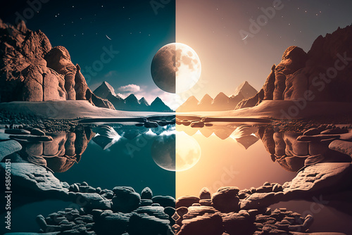 Image of sun and moon  day and night  light and darkness  dark and light. Solar and lunar eclipse. Generative AI.