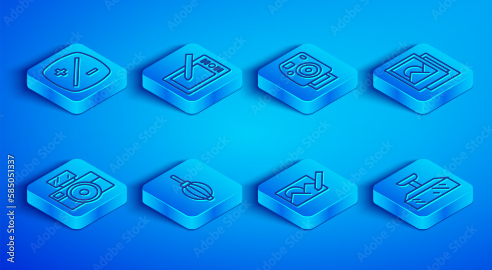 Set line Exposure compensation, Graphic tablet, Photo camera, Dust blower, retouching, frame, with flash and Softbox light icon. Vector Set line Exposure compensation, Graphic tablet, Photo camera, Dust blower, retouching, frame, with flash and Softbox light icon. Vector