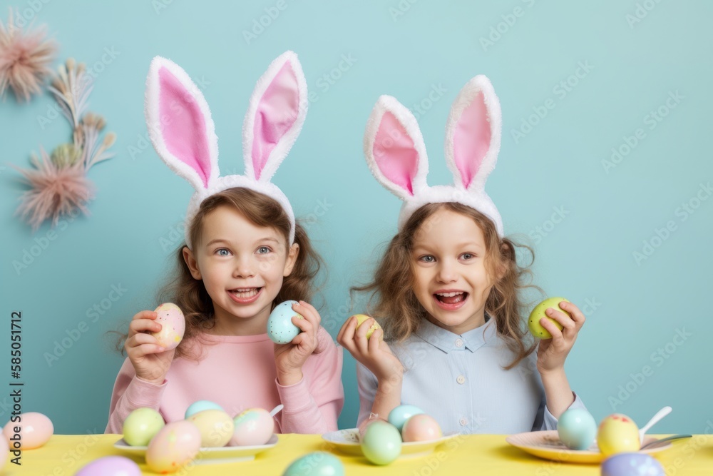 Children's holiday joy and happiness, Easter creative concept of painting and decorating pastel eggs. Happy kids, spring activities. Generative AI. Children's holiday joy and happiness, Easter creative concept of painting and decorating pastel eggs. Happy kids, spring activities. Generative AI.