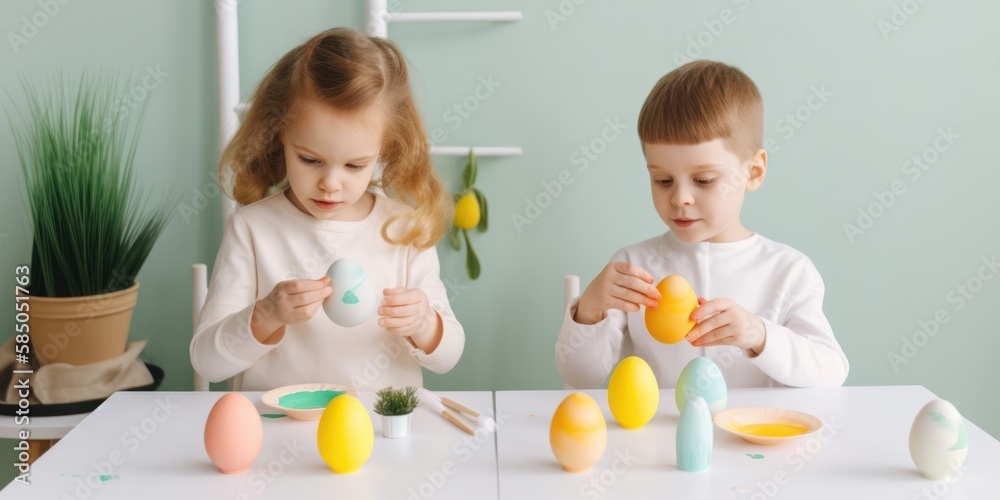 Children's holiday joy and happiness, Easter creative concept of painting and decorating pastel eggs. Happy kids, spring activities. Generative AI. Children's holiday joy and happiness, Easter creative concept of painting and decorating pastel eggs. Happy kids, spring activities. Generative AI.