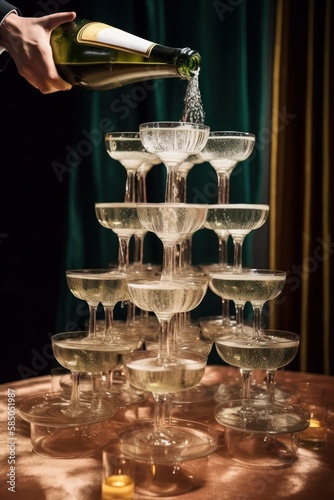 A retro set table for an elegant party, pouring champagne into lined glasses and expensive decorations. Sharp shadow, vintage concept. Generative AI.