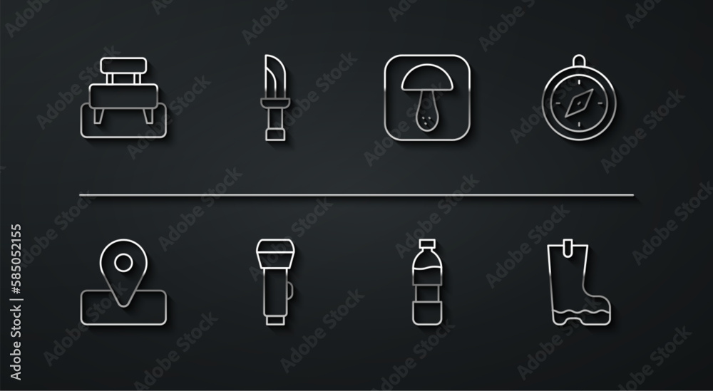 Set line Bench, Location for camping, Compass, Bottle of water, Flashlight, Knife, Waterproof rubber boot and Mushroom icon. Vector Set line Bench, Location for camping, Compass, Bottle of water, Flashlight, Knife, Waterproof rubber boot and Mushroom icon. Vector