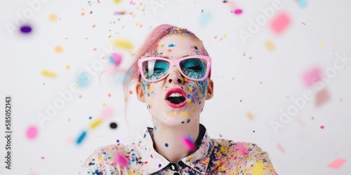 Music party girl on crazy summer party, pastel abstract concept, playing dance music. A pastel futuristic party with confetti. Fun youthful atmosphere in the club. Generative AI. photo