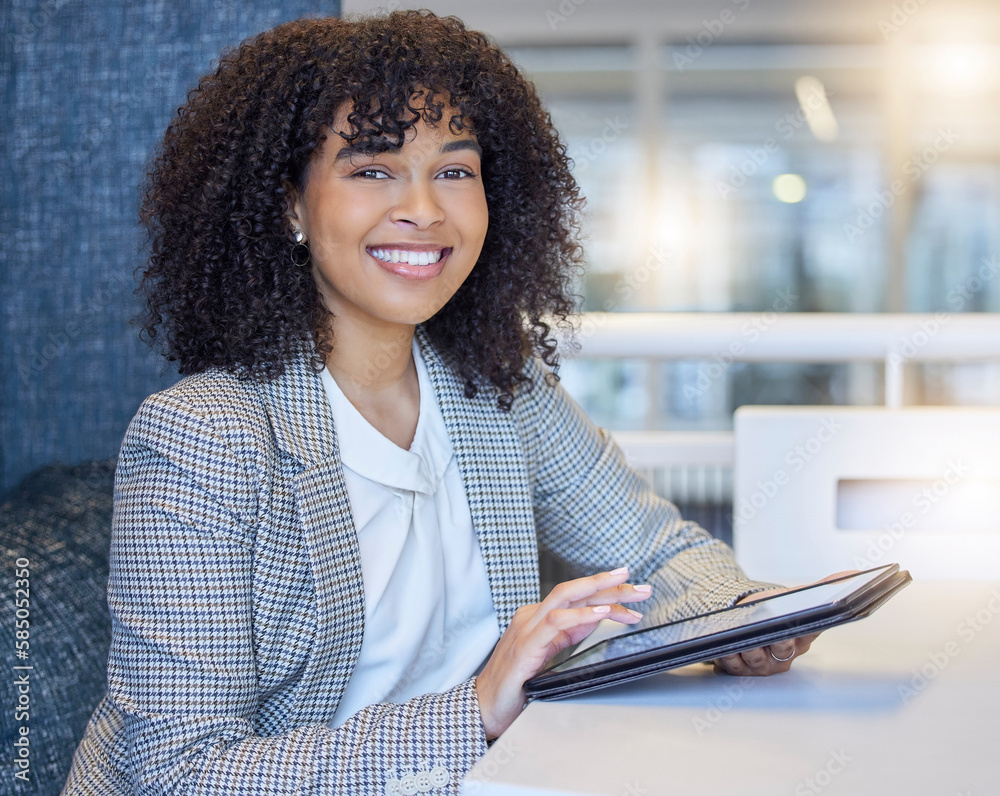 Office portrait, happy and woman with tablet for bank administration, finance review or budget funding analysis. Banking admin, financial advisor or professional biracial person with vocation pride Office portrait, happy and woman with tablet for bank administration, finance review or budget funding analysis. Banking admin, financial advisor or professional biracial person with vocation pride