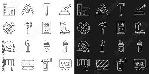 Set line Emergency call, Flashlight, Fire boots, Hammer, Firefighter axe, No fire, Building of station and alarm system icon. Vector