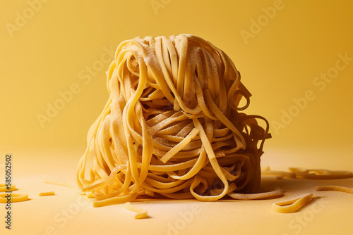 a nest of traditional italian noodles, raw and dry, isolated on a minimalistic yellow background, created with generative ai
