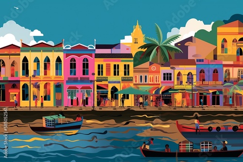 Vibrant illustration of Recife's historic center, featuring colorful colonial buildings, Capibaribe River, lively street vendors, and boats. generative ai photo