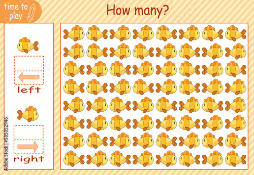 children's educational game, tasks. calculate how many items will be placed on the right and how many on the left. fish