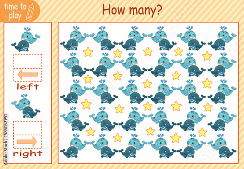 
children's educational game, tasks. calculate how many items will be placed on the right and how many on the left. Whale. fish