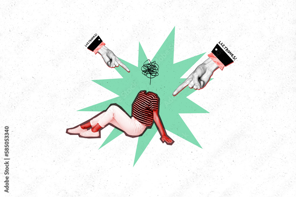 Obraz premium Creative weird collage of hands fingers pointing blaming young lady sit floor accuse lazybones procrastination concept