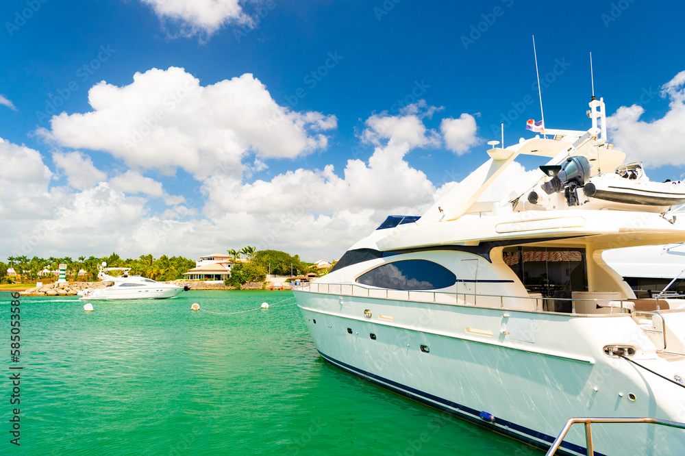 Fototapeta premium terrific summer yacht in harbour. photo of summer harbour with yacht docked.