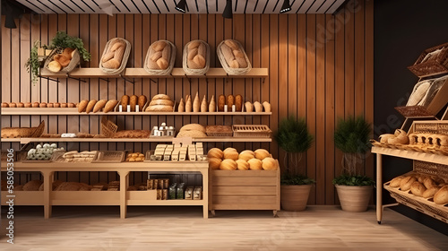 eco-friendly vegan grocery, bakery store with wooden wall, parquet floor, variety of bread, bun, snack on shelf for healthy shopping lifestyle, interior design decoration background