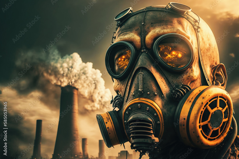 Dramatic closeup portrait of a man wearing a gas mask for chemical