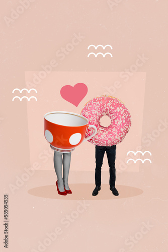 Creative weird collage template of two people with tea cup donut body love perfect match on 14 february holiday
