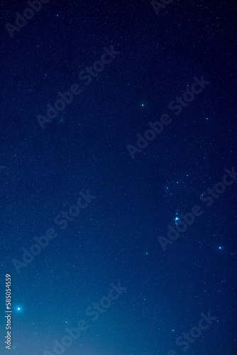 Orion constellation and Sirius, brightest observable star from Earth, photographed with wide angle lens.