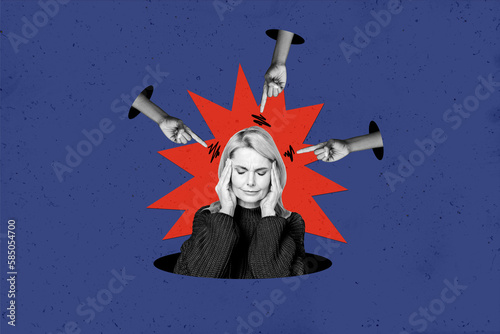 Aged woman suffer society blaming everyone point fingers at her agism discrimination bullying trend concept collage photo