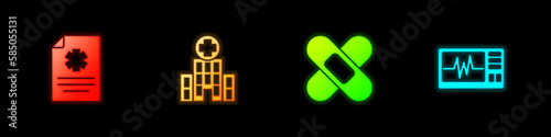 Set Clinical record, Medical hospital building, Crossed bandage plaster and Monitor with cardiogram icon. Vector