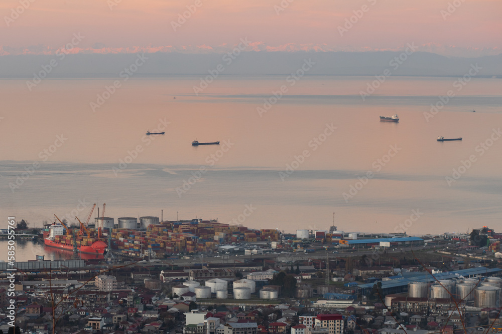 sunset in Batumi city, aerial view of the harbor in sunlight sunset in Batumi city, aerial view of the harbor in sunlight