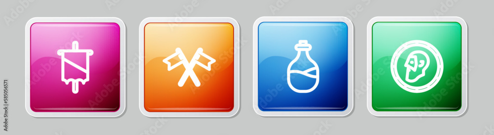 Set line Medieval flag, Crossed medieval, Old bottle of wine and Ancient coin. Colorful square button. Vector Set line Medieval flag, Crossed medieval, Old bottle of wine and Ancient coin. Colorful square button. Vector