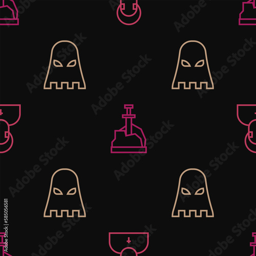 Set line Monk, Executioner mask and Sword in the stone on seamless pattern. Vector