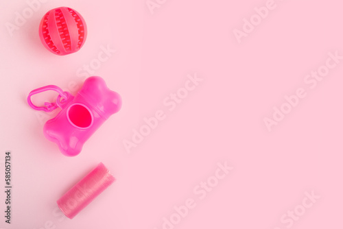 pet shop background, pet goods on a pink background, copy space, top view, flat lay