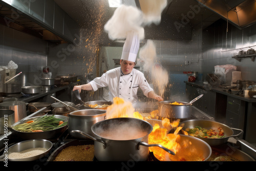 Gestresster Koch in der Küche - Generative AI photo