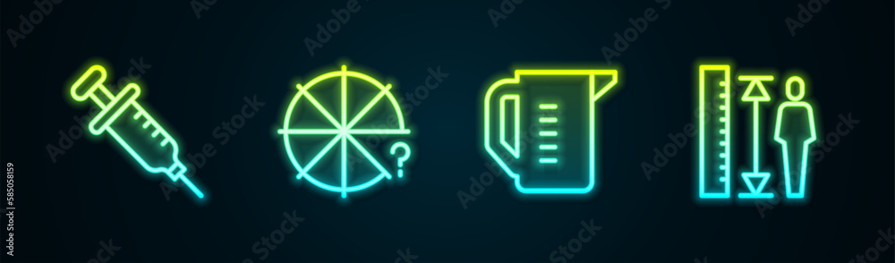 Set line Syringe, Circle of pieces, Measuring cup and height body. Glowing neon icon. Vector Set line Syringe, Circle of pieces, Measuring cup and height body. Glowing neon icon. Vector